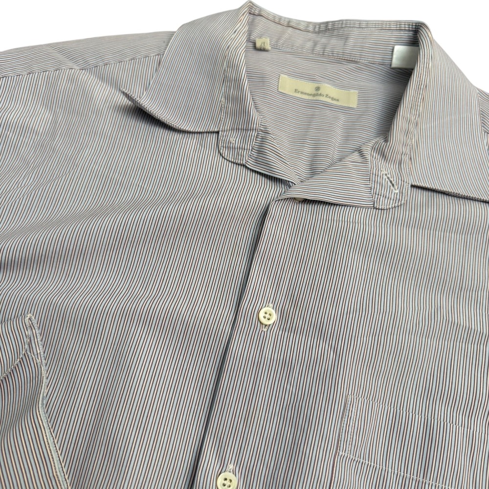 Ermenegildo Zegna Mens Striped Button Down Shirt Blue Brown White Size 17 43